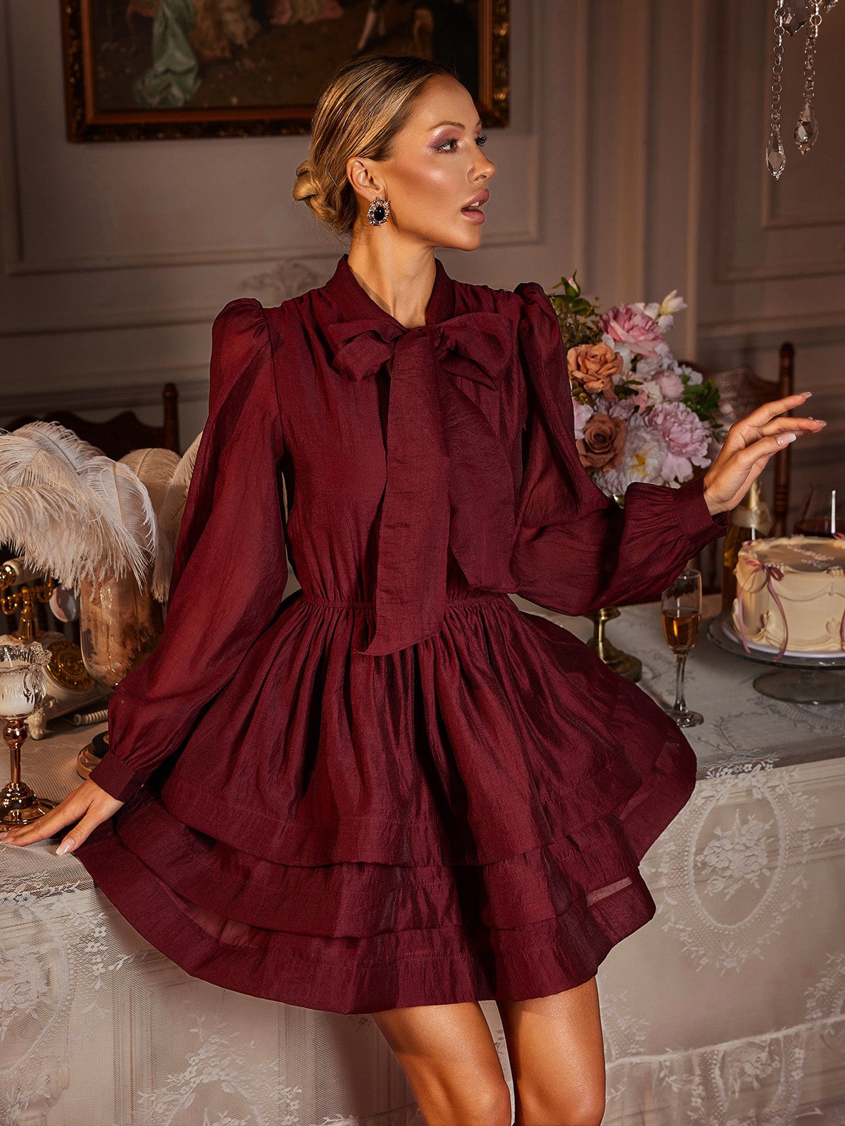 Pussy Bow Collar Balloon Sleeve Tiered Ruffle Mini Dress 3