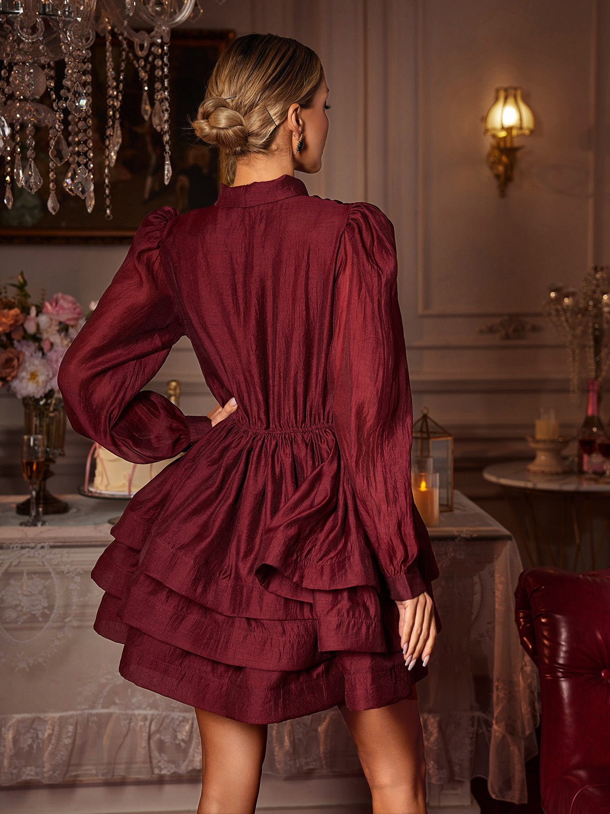 Pussy Bow Collar Balloon Sleeve Tiered Ruffle Mini Dress 6