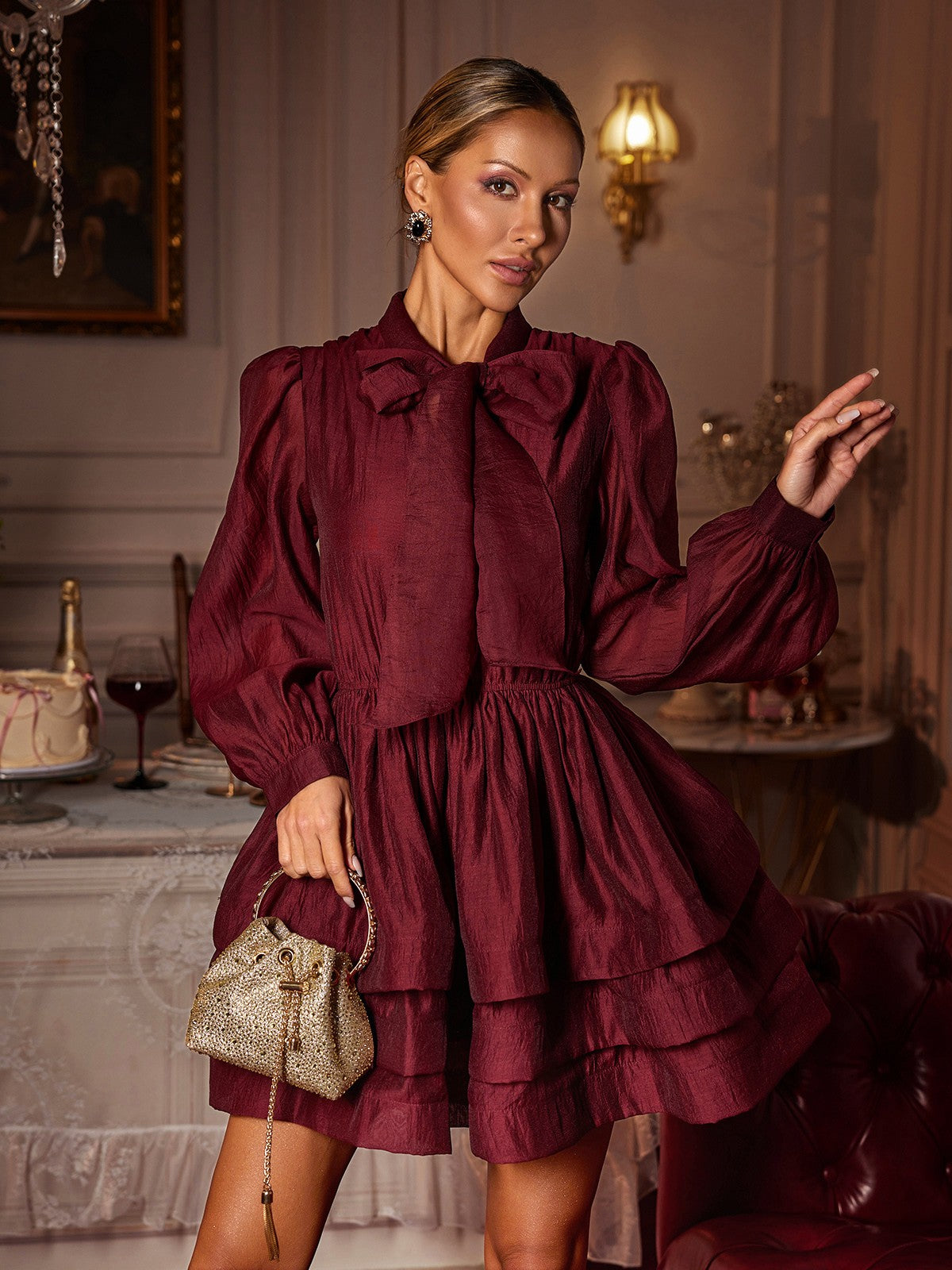Pussy Bow Collar Balloon Sleeve Tiered Ruffle Mini Dress 2