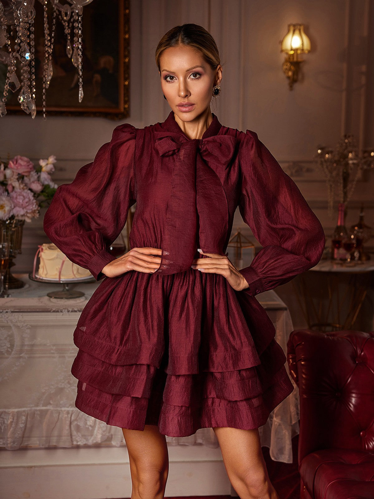 Pussy Bow Collar Balloon Sleeve Tiered Ruffle Mini Dress
