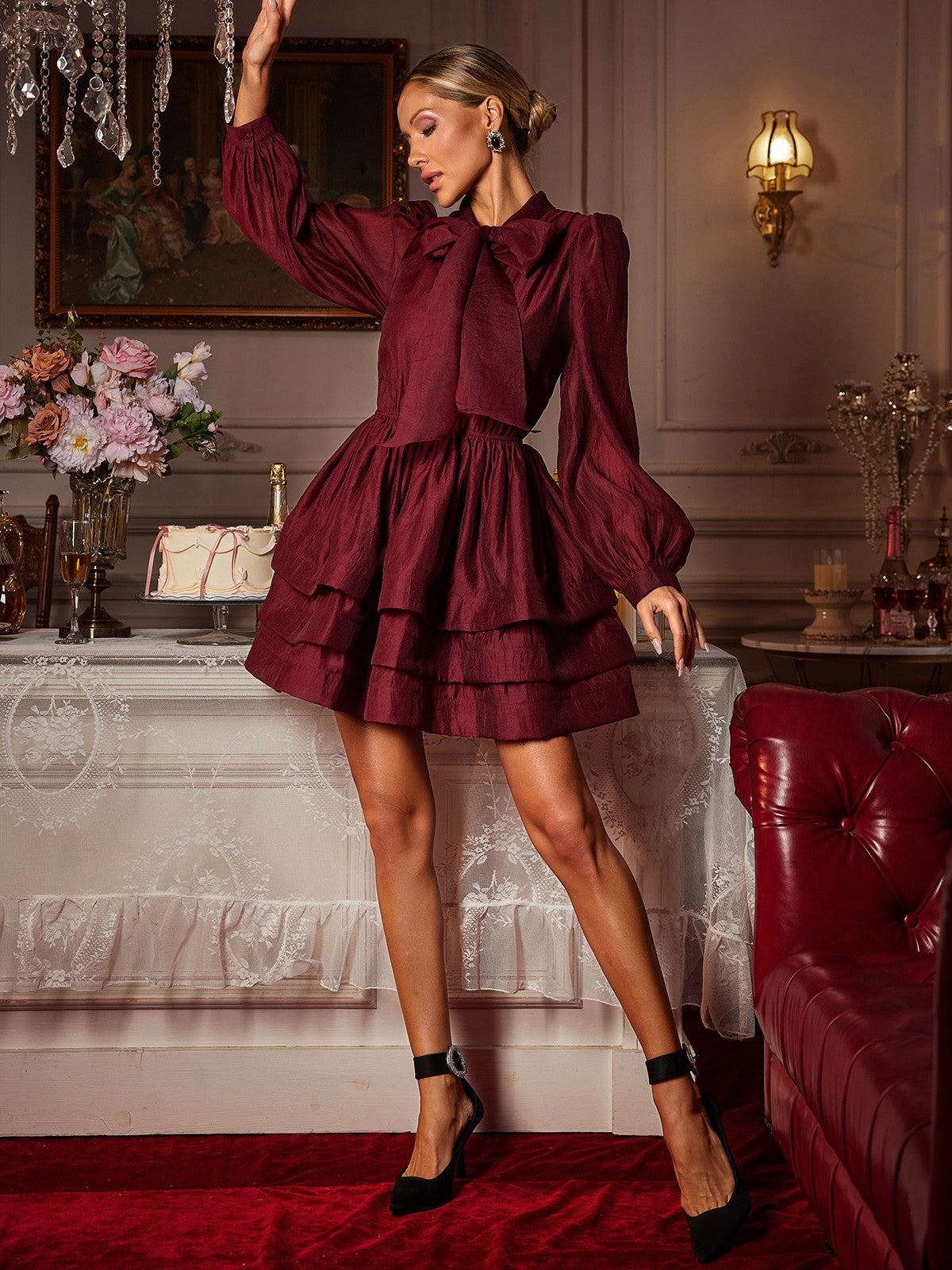 Pussy Bow Collar Balloon Sleeve Tiered Ruffle Mini Dress 4
