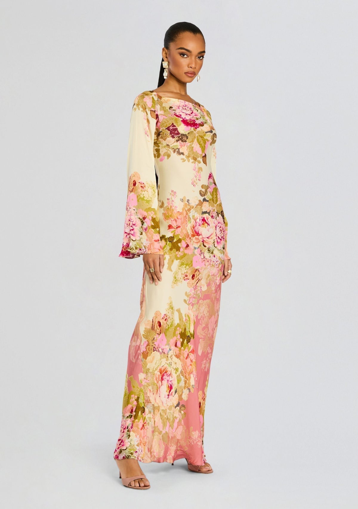 Boat Neck Floral Print Long Sleeve Bell Cuff Bodycon Maxi Dress 2