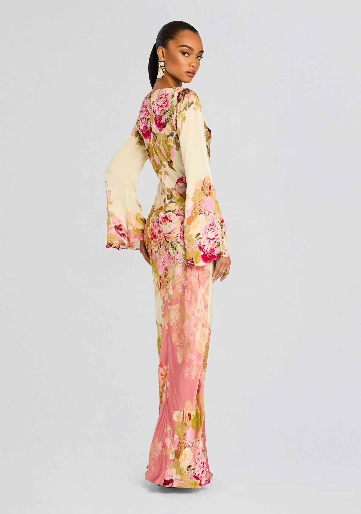 Boat Neck Floral Print Long Sleeve Bell Cuff Bodycon Maxi Dress 4