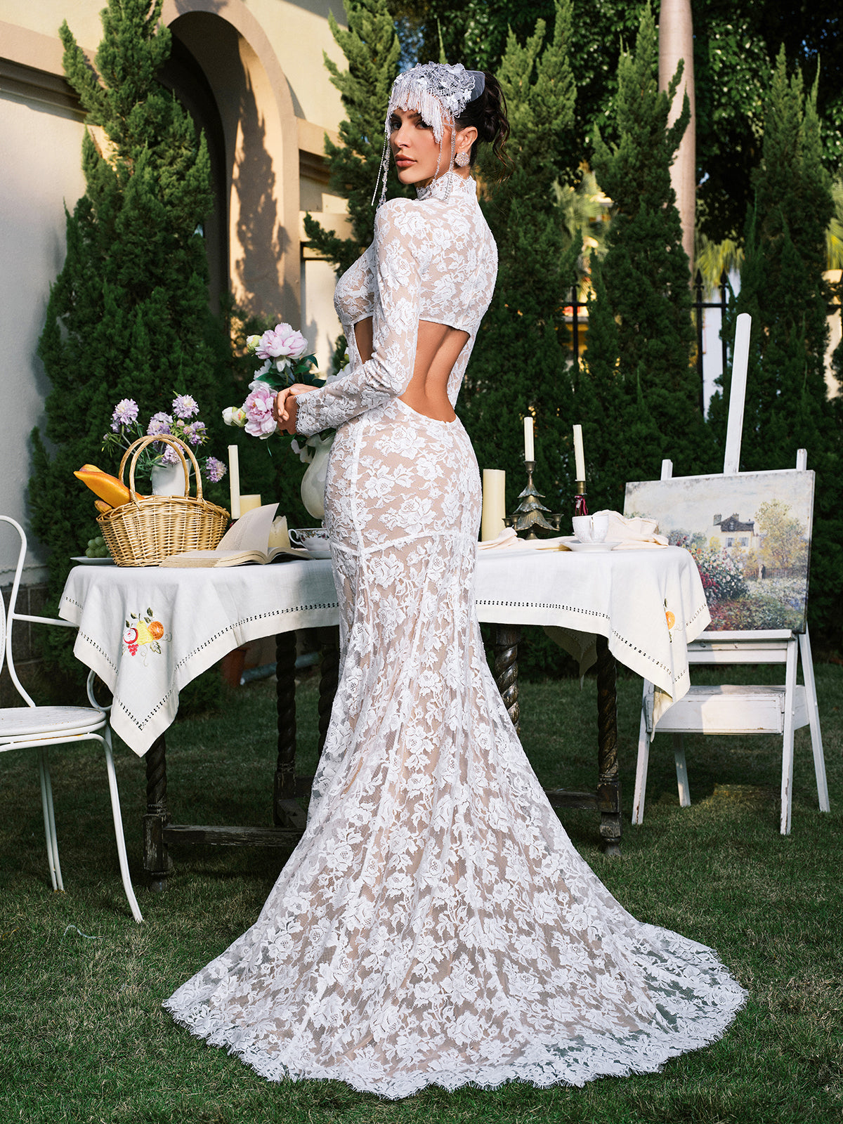 Mock Neck Long Sleeve Lace Cutout Maxi Gown 6