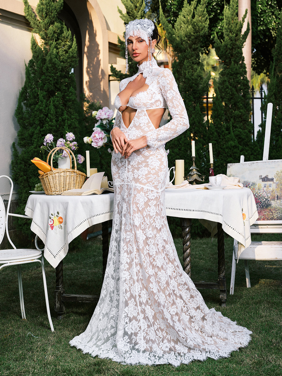 Mock Neck Long Sleeve Lace Cutout Maxi Gown 4