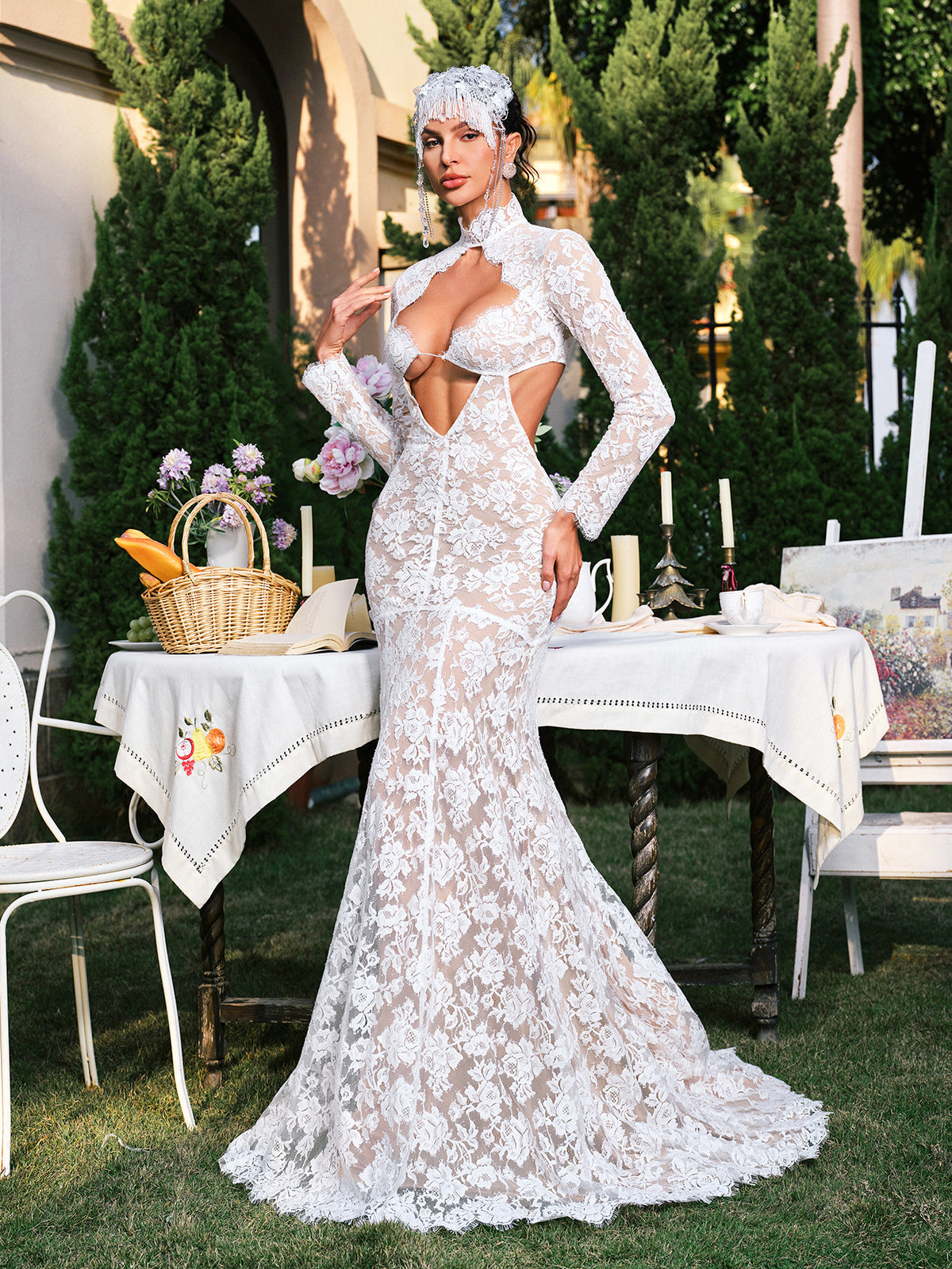 Mock Neck Long Sleeve Lace Cutout Maxi Gown 5