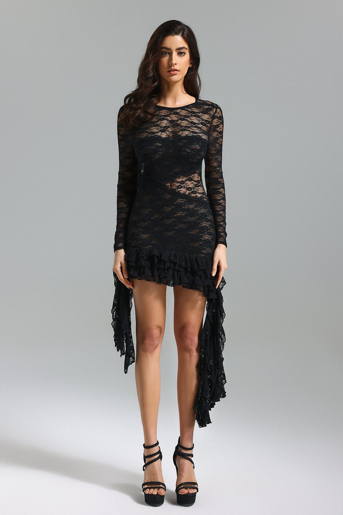 Lace Asymmetric Hem Mini Dress