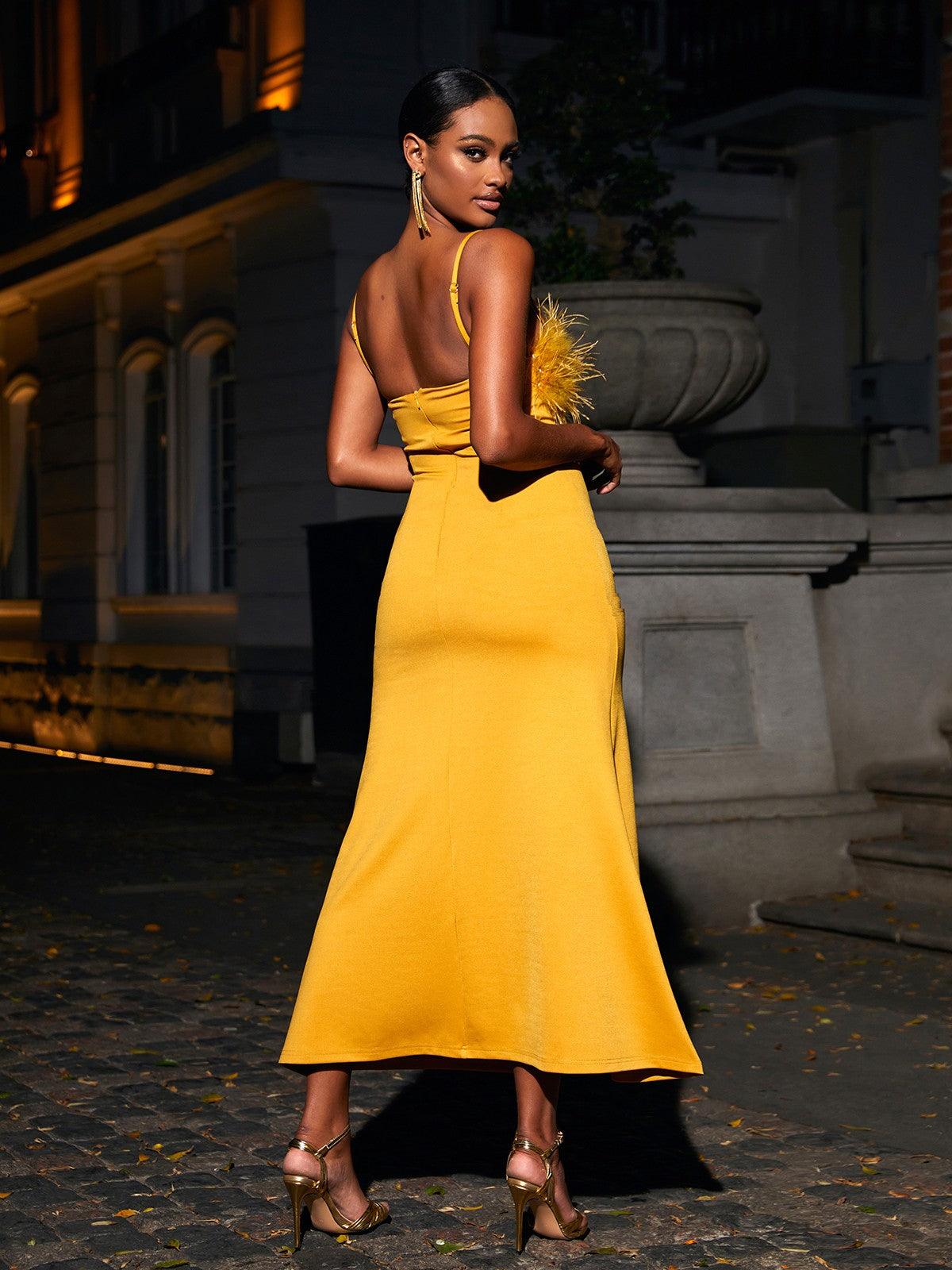 Spaghetti Strap Feather Trim Column Maxi Gown 5
