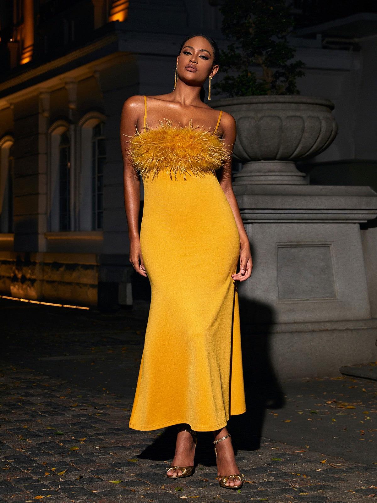 Spaghetti Strap Feather Trim Column Maxi Gown 4