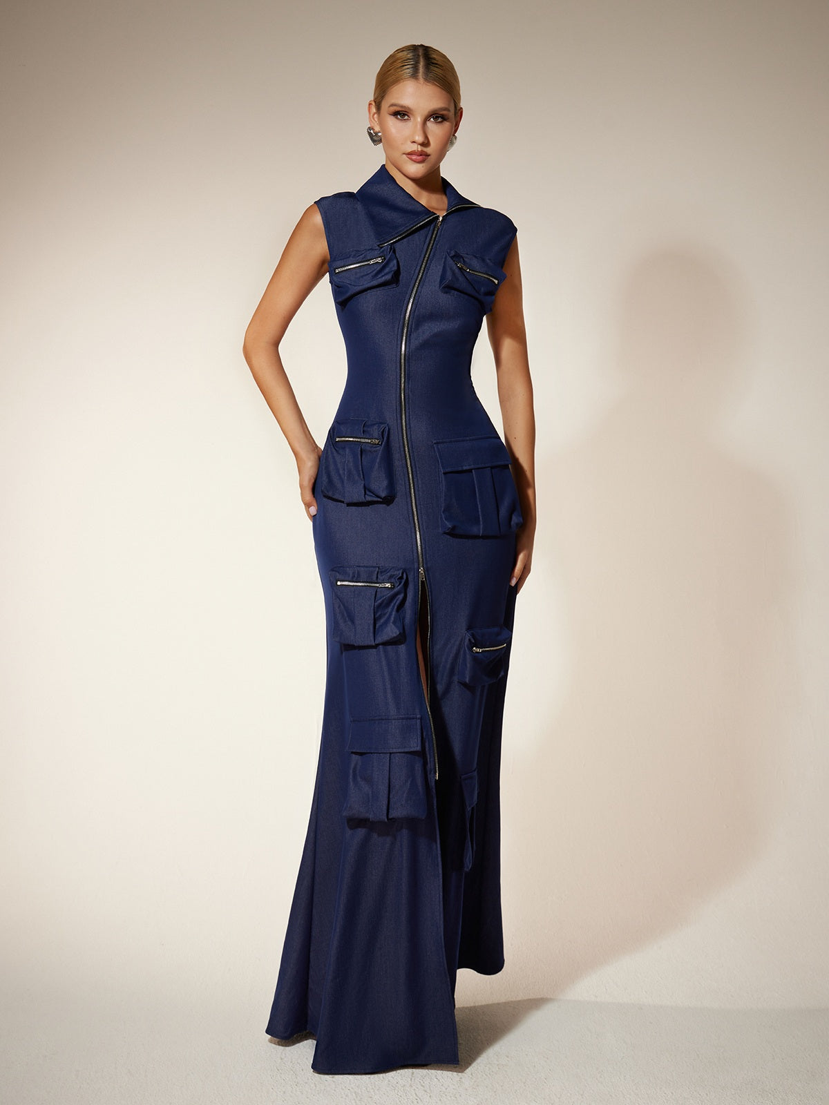 Collar Zip Pocket Utility Column Maxi Dress 2