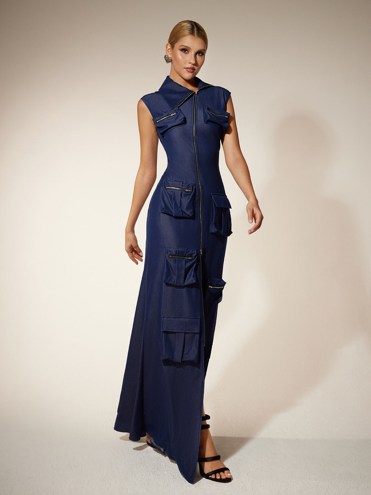 Collar Zip Pocket Utility Column Maxi Dress 3