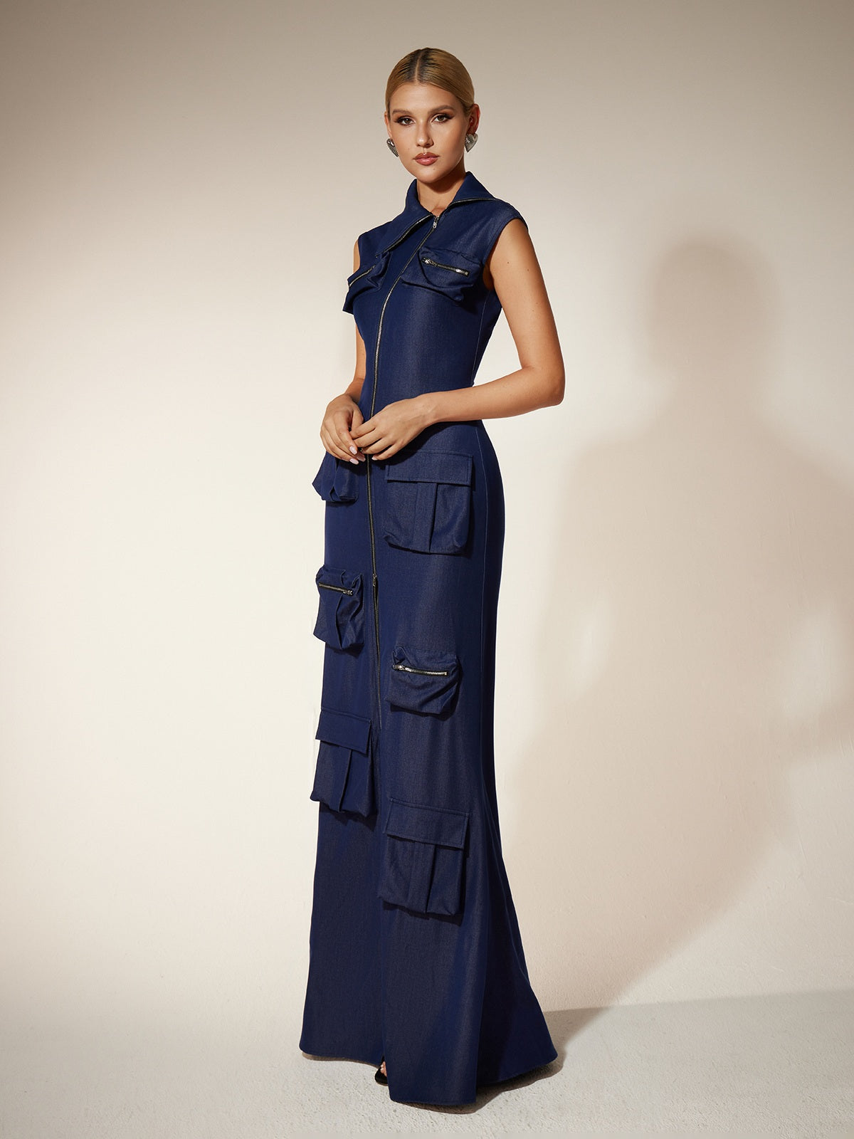 Collar Zip Pocket Utility Column Maxi Dress 4