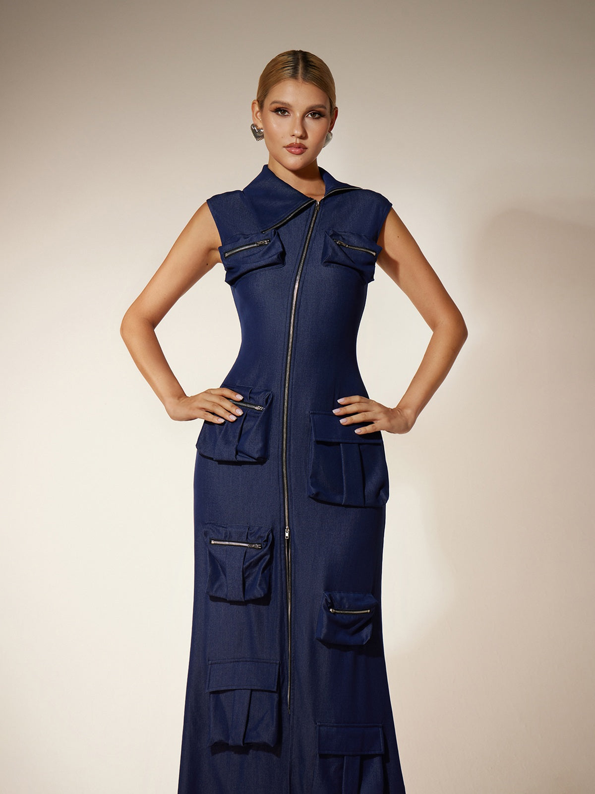 Collar Zip Pocket Utility Column Maxi Dress 5