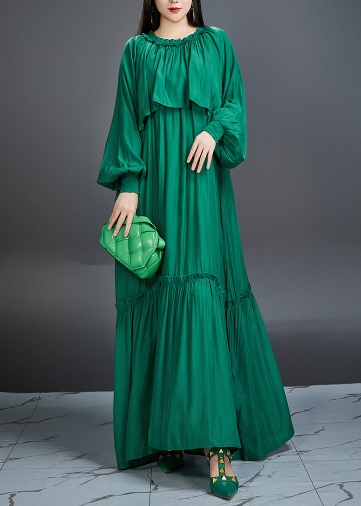 Round Neck Cape Overlay Smocked Cuff Tiered Crinkle Maxi Dress