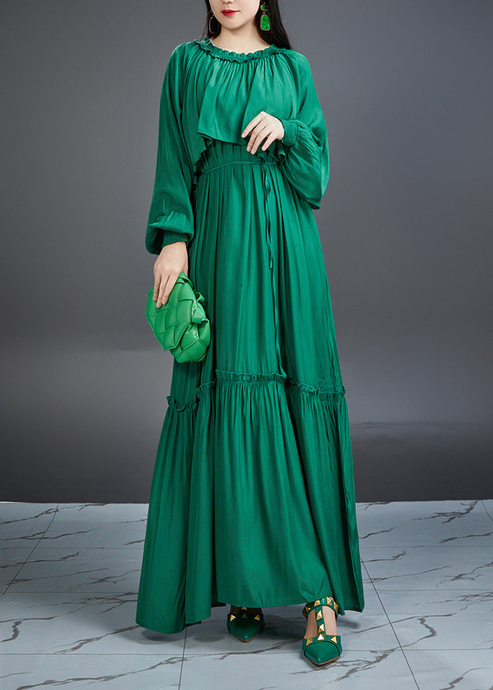 Round Neck Cape Overlay Smocked Cuff Tiered Crinkle Maxi Dress 3