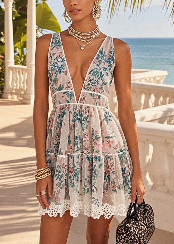 Deep V-Neck Empire Waist Floral Tiered Lace Crochet Hem Mini Dress 3