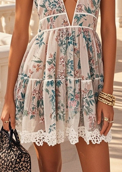 Deep V-Neck Empire Waist Floral Tiered Lace Crochet Hem Mini Dress 4