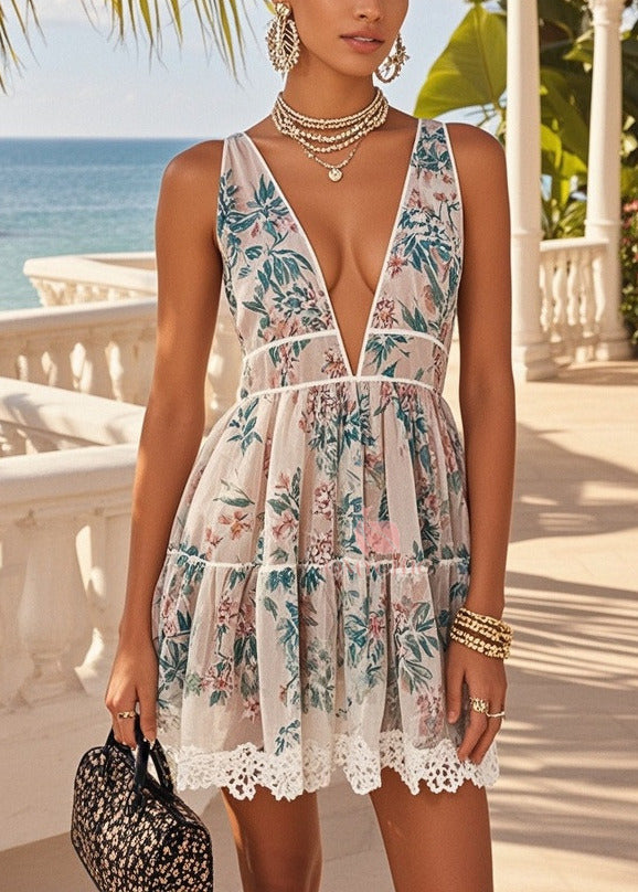 Deep V-Neck Empire Waist Floral Tiered Lace Crochet Hem Mini Dress 5