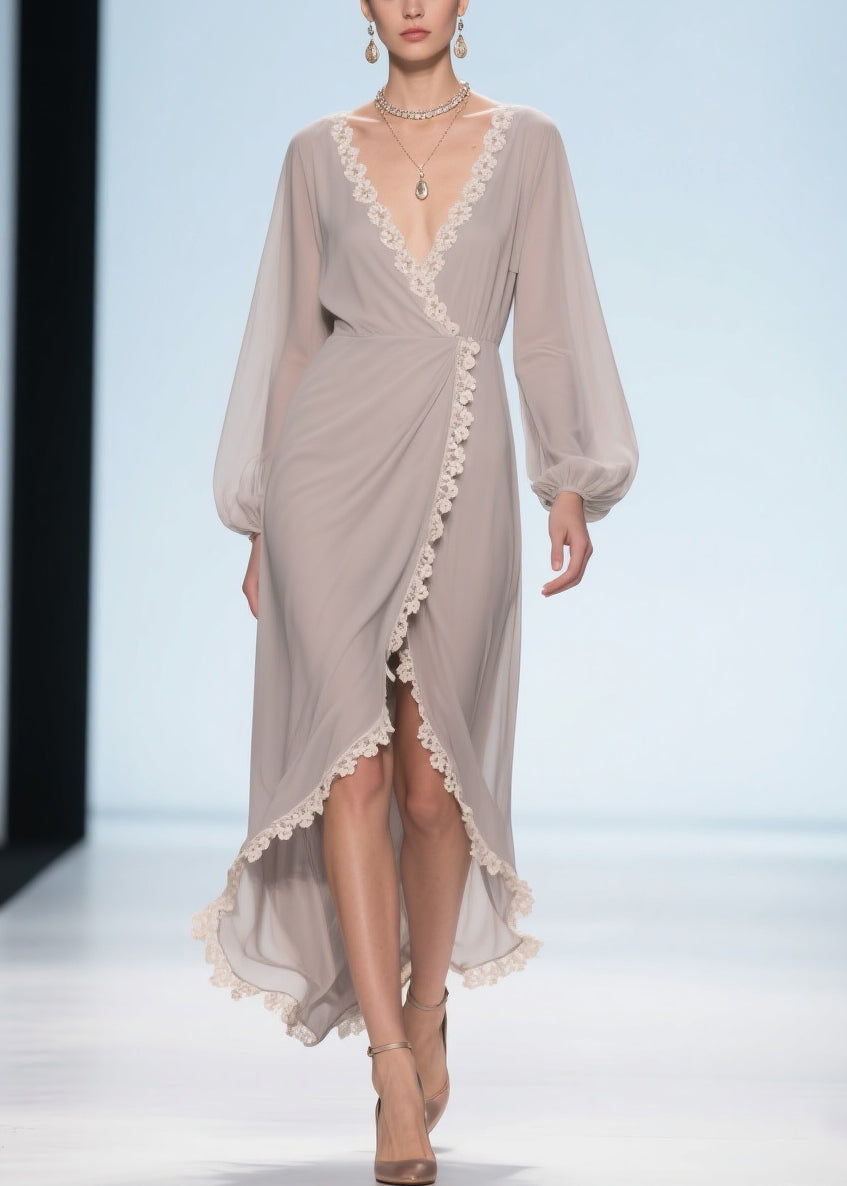 Wrap V-Neck Lace Trim Balloon Sleeve High-Low Chiffon Maxi Dress