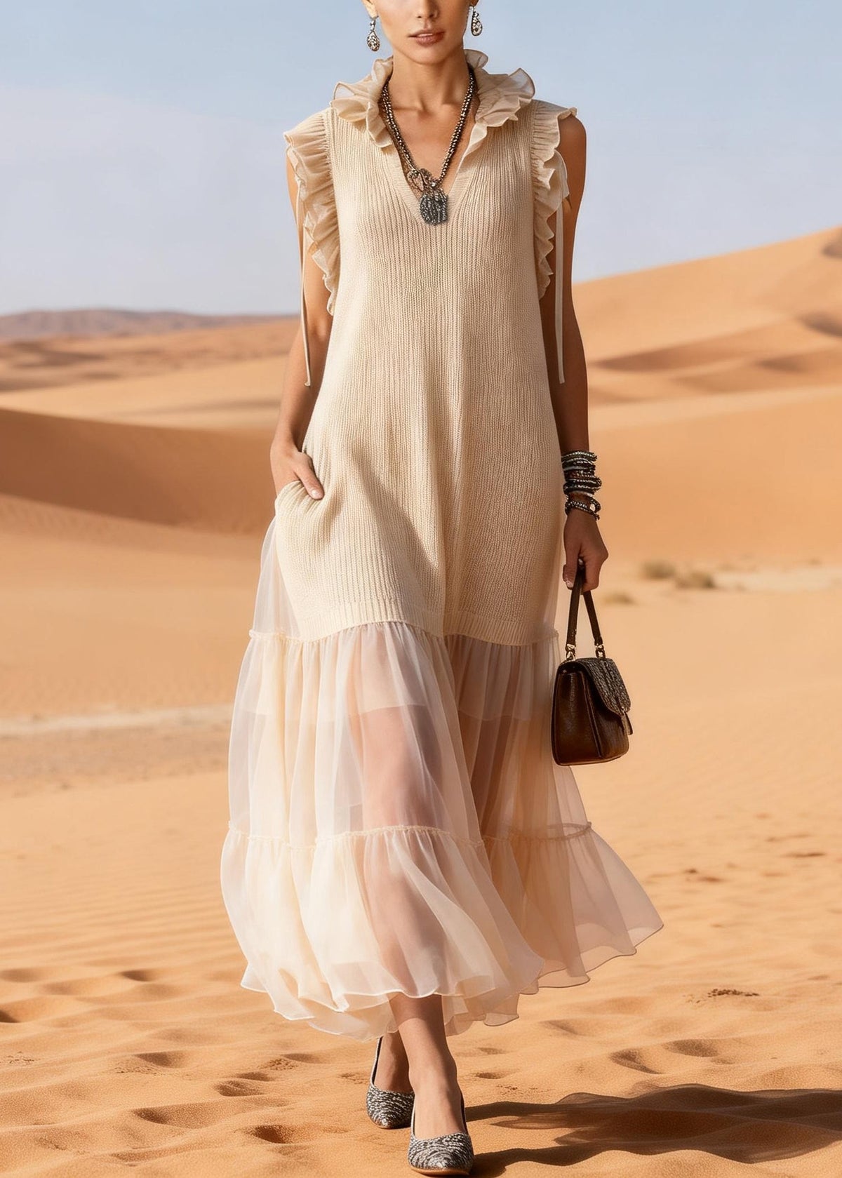 Ruffle Collar V-Neck Ribbed Knit Sheer Tiered Mesh Hem Dress 3