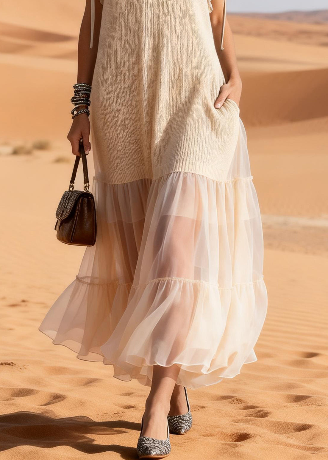 Ruffle Collar V-Neck Ribbed Knit Sheer Tiered Mesh Hem Dress 4