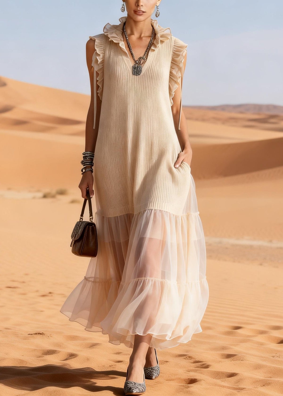 Ruffle Collar V-Neck Ribbed Knit Sheer Tiered Mesh Hem Dress 5