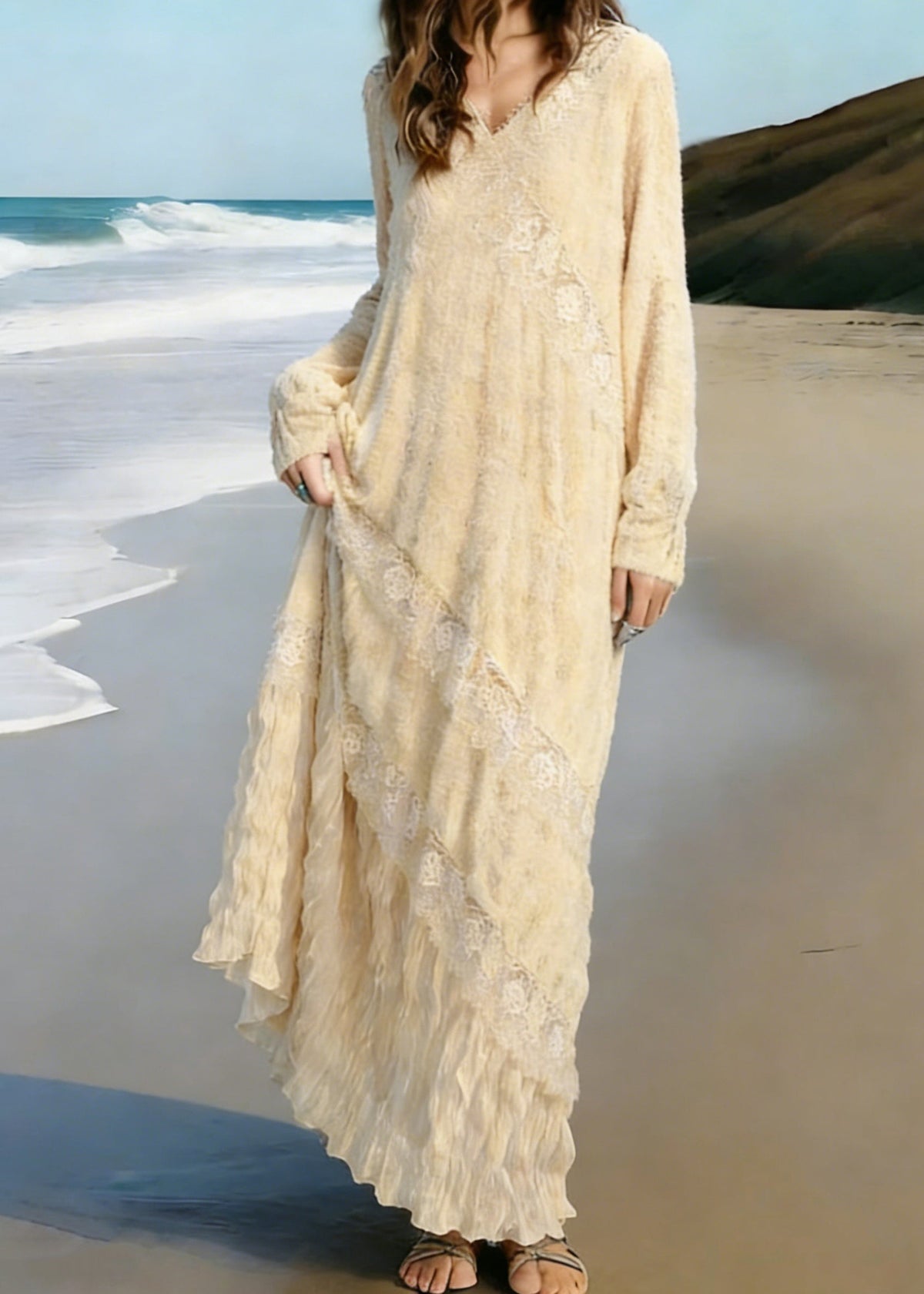 V-Neck Lace Trim Long Sleeve Diagonal Lace Panel Ruffle Hem Crinkle Maxi Dress 3