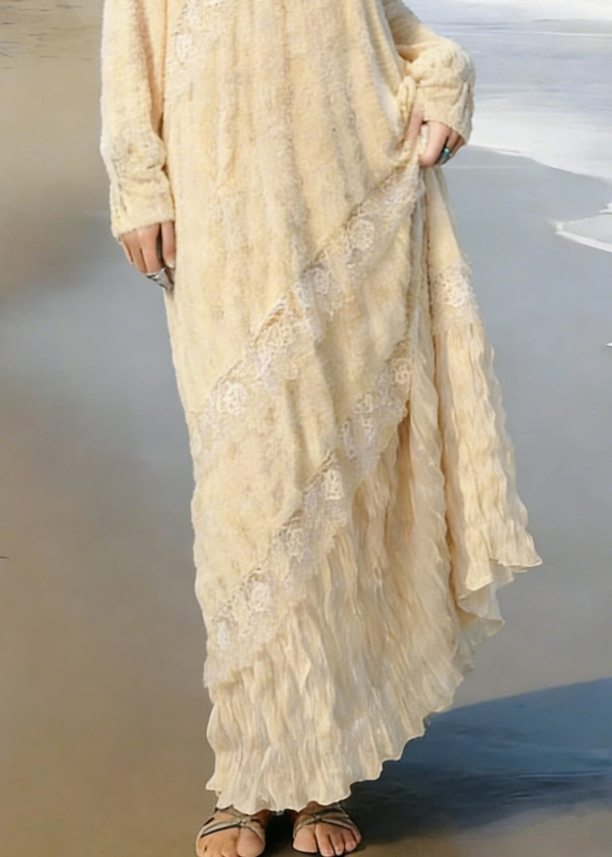 V-Neck Lace Trim Long Sleeve Diagonal Lace Panel Ruffle Hem Crinkle Maxi Dress 4