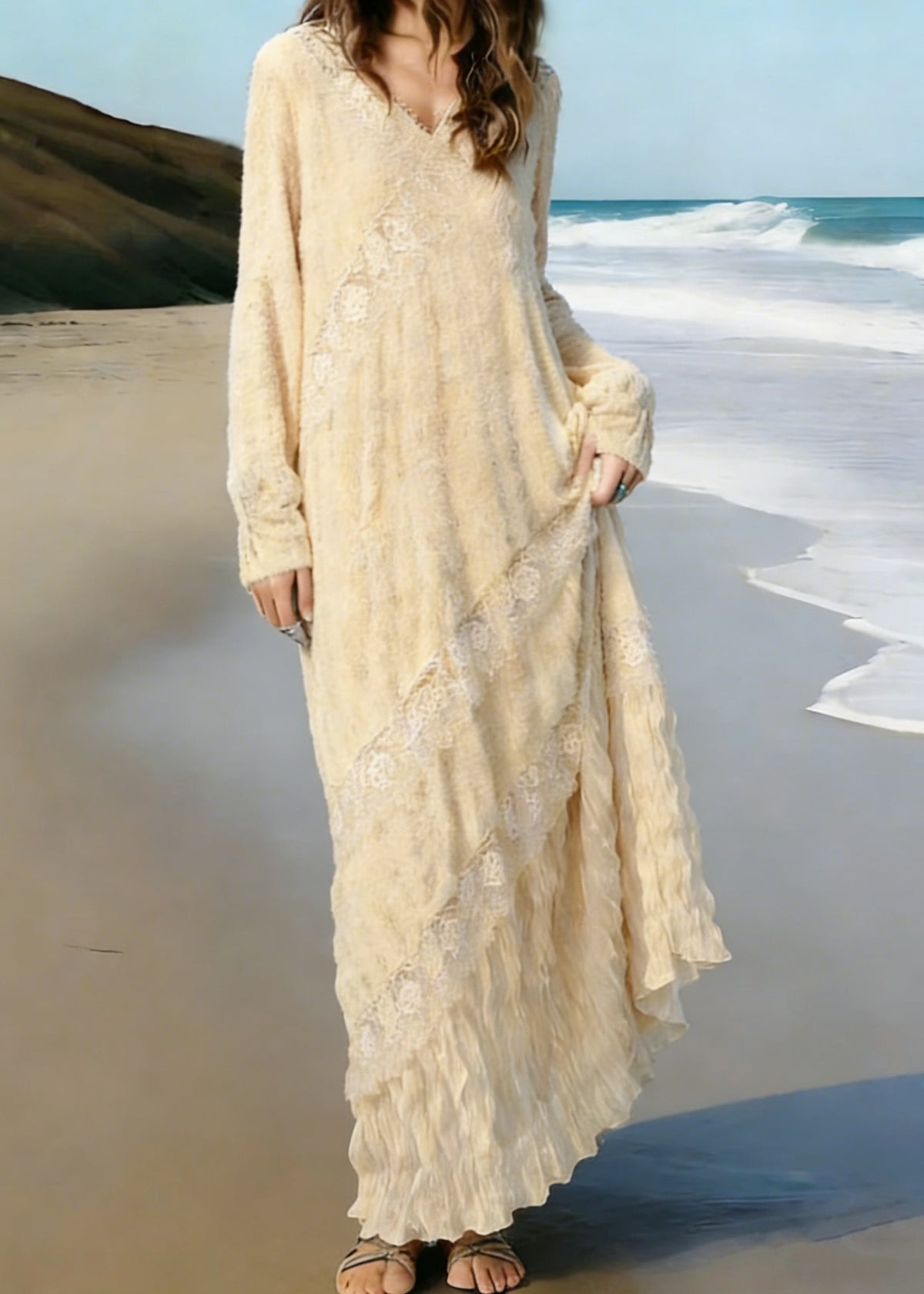 V-Neck Lace Trim Long Sleeve Diagonal Lace Panel Ruffle Hem Crinkle Maxi Dress 5