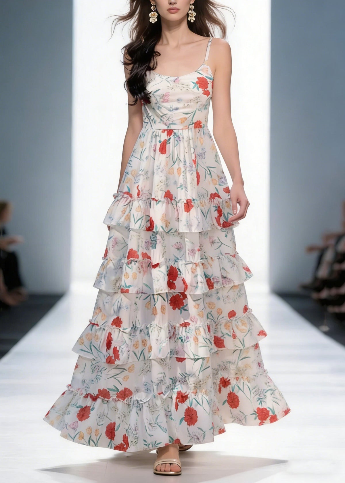 Spaghetti Strap Scoop Neck Tiered Ruffle Floral Print Maxi Dress