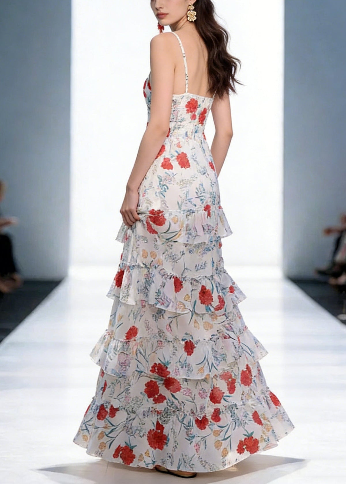 Spaghetti Strap Scoop Neck Tiered Ruffle Floral Print Maxi Dress 2