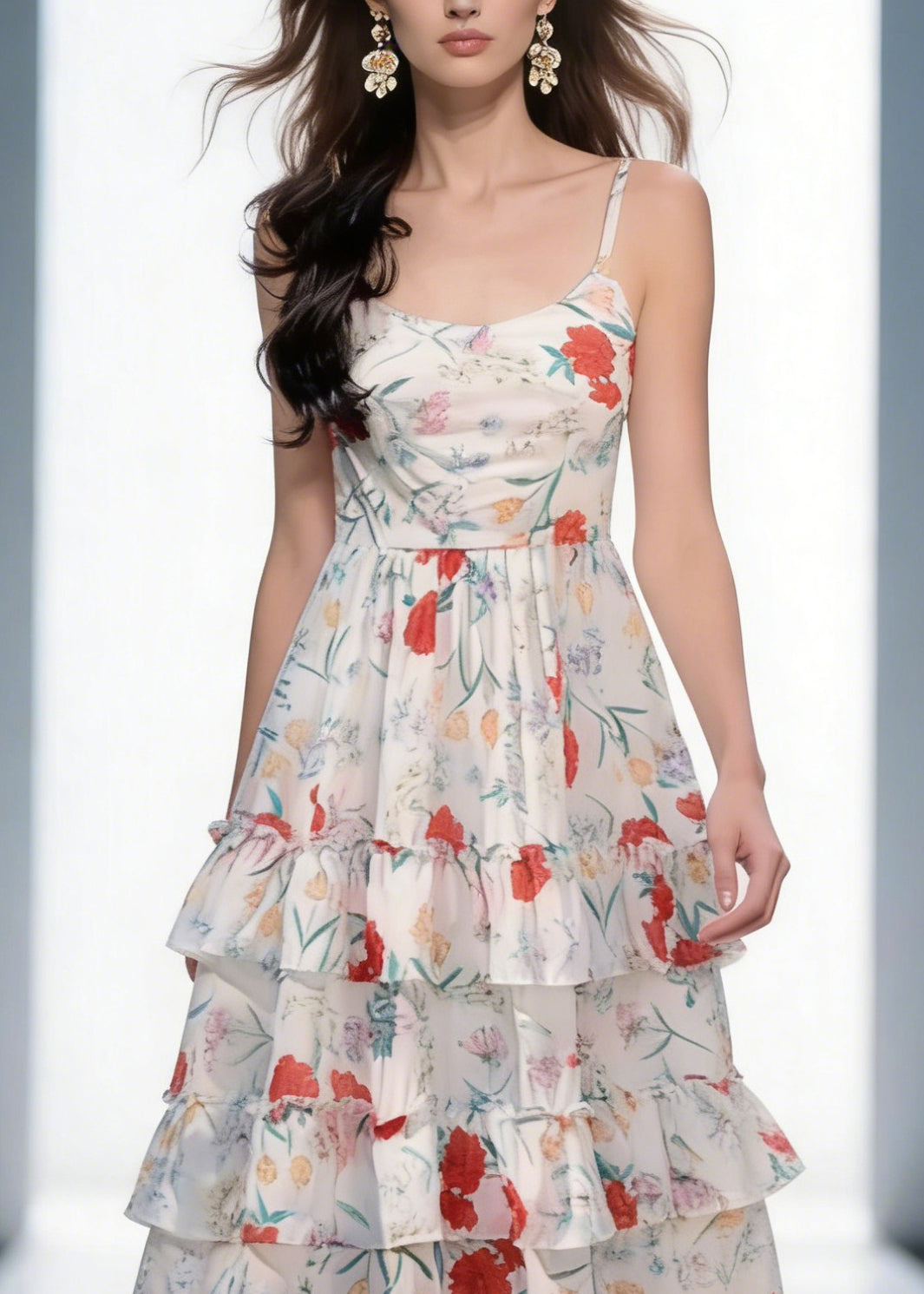 Spaghetti Strap Scoop Neck Tiered Ruffle Floral Print Maxi Dress 3