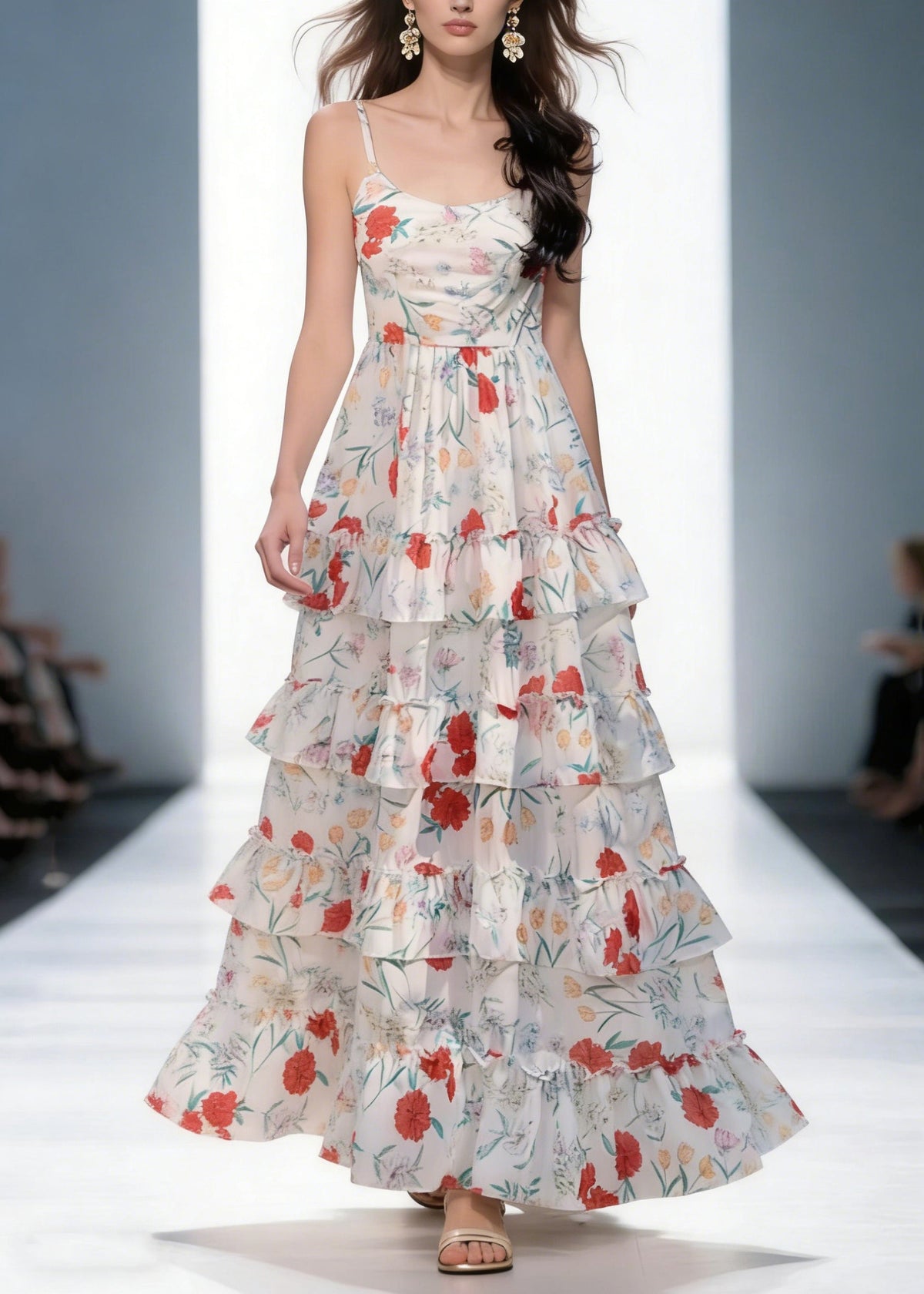 Spaghetti Strap Scoop Neck Tiered Ruffle Floral Print Maxi Dress 4