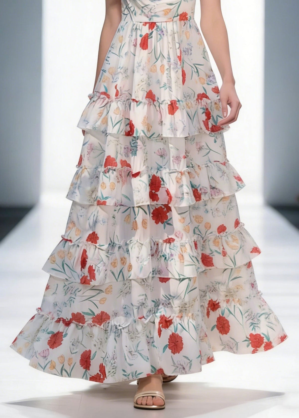 Spaghetti Strap Scoop Neck Tiered Ruffle Floral Print Maxi Dress 5