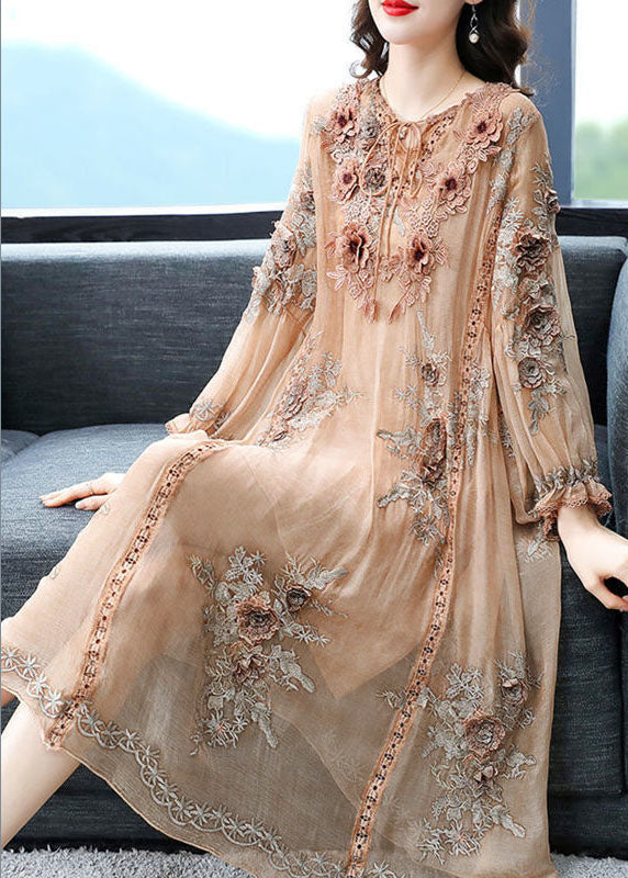Lace Trim Floral Embroidered Long Sleeve Drawstring Midi Dress