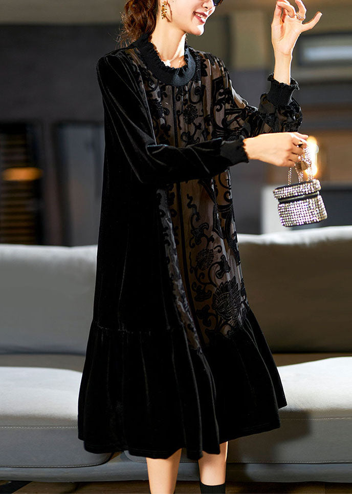 Ruffle Mock Neck Velvet Paneled Floral Burnout Long Sleeve Midi Dress