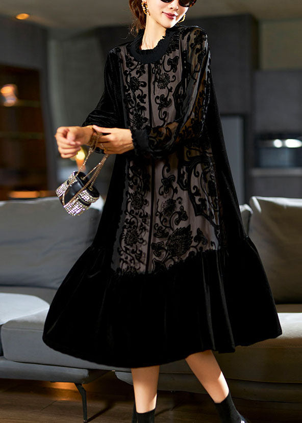 Ruffle Mock Neck Velvet Paneled Floral Burnout Long Sleeve Midi Dress 2