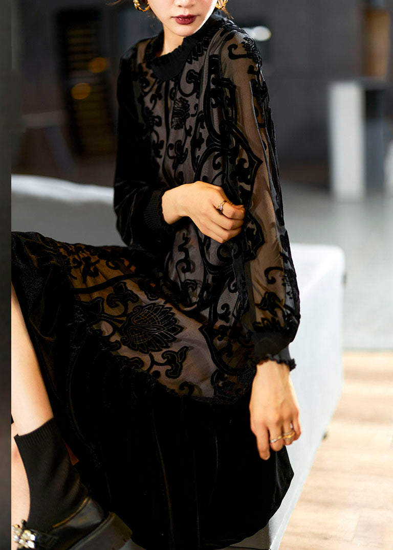 Ruffle Mock Neck Velvet Paneled Floral Burnout Long Sleeve Midi Dress 3
