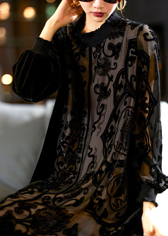 Ruffle Mock Neck Velvet Paneled Floral Burnout Long Sleeve Midi Dress 4