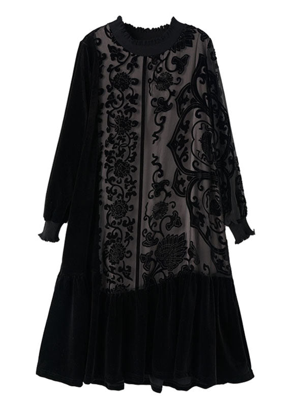 Ruffle Mock Neck Velvet Paneled Floral Burnout Long Sleeve Midi Dress 5