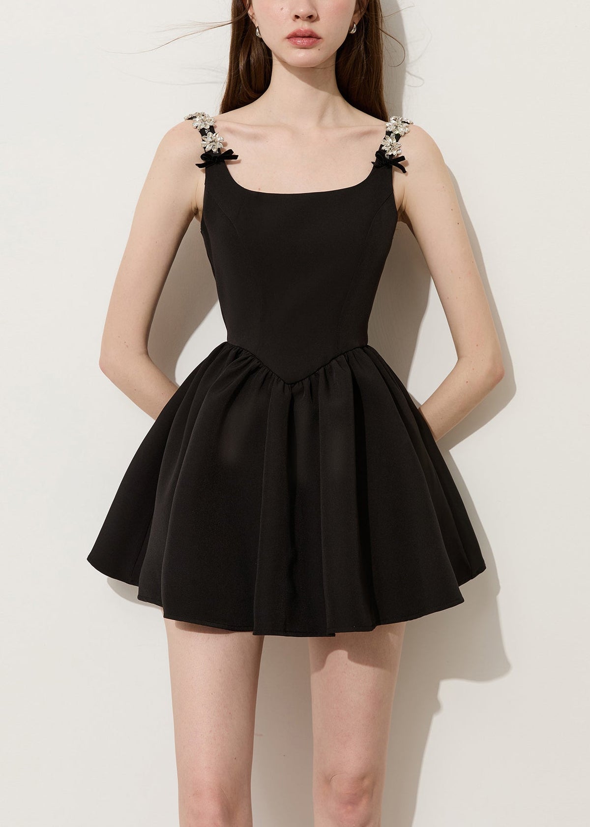 Square Neck Rhinestone Flower Strap Velvet Bow Pleated Skater Mini Dress 2