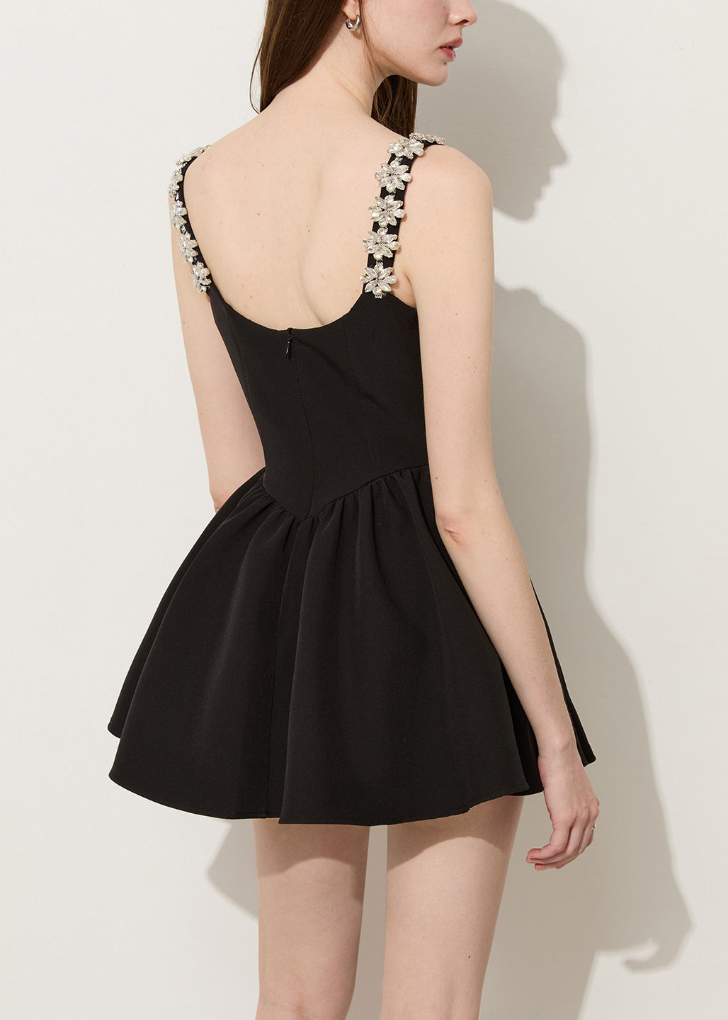 Square Neck Rhinestone Flower Strap Velvet Bow Pleated Skater Mini Dress 5