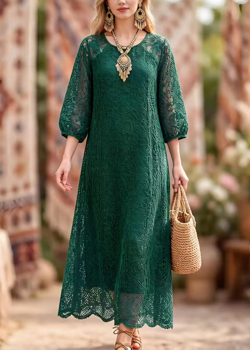 Round Neck Floral Lace Puff Sleeve Scalloped Hem A-Line Midi Dress