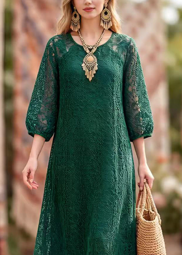 Round Neck Floral Lace Puff Sleeve Scalloped Hem A-Line Midi Dress 2