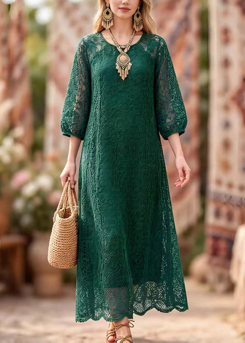 Round Neck Floral Lace Puff Sleeve Scalloped Hem A-Line Midi Dress 3