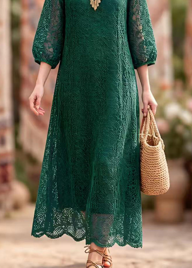 Round Neck Floral Lace Puff Sleeve Scalloped Hem A-Line Midi Dress 4