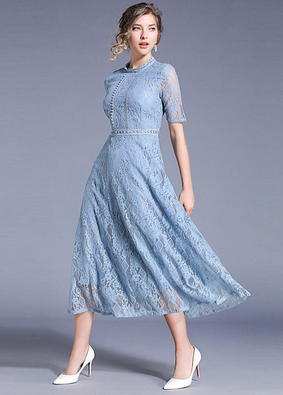 Round Neck Piped Bodice Geometric Lace Waistband Elbow Sleeve Midi Dress 4