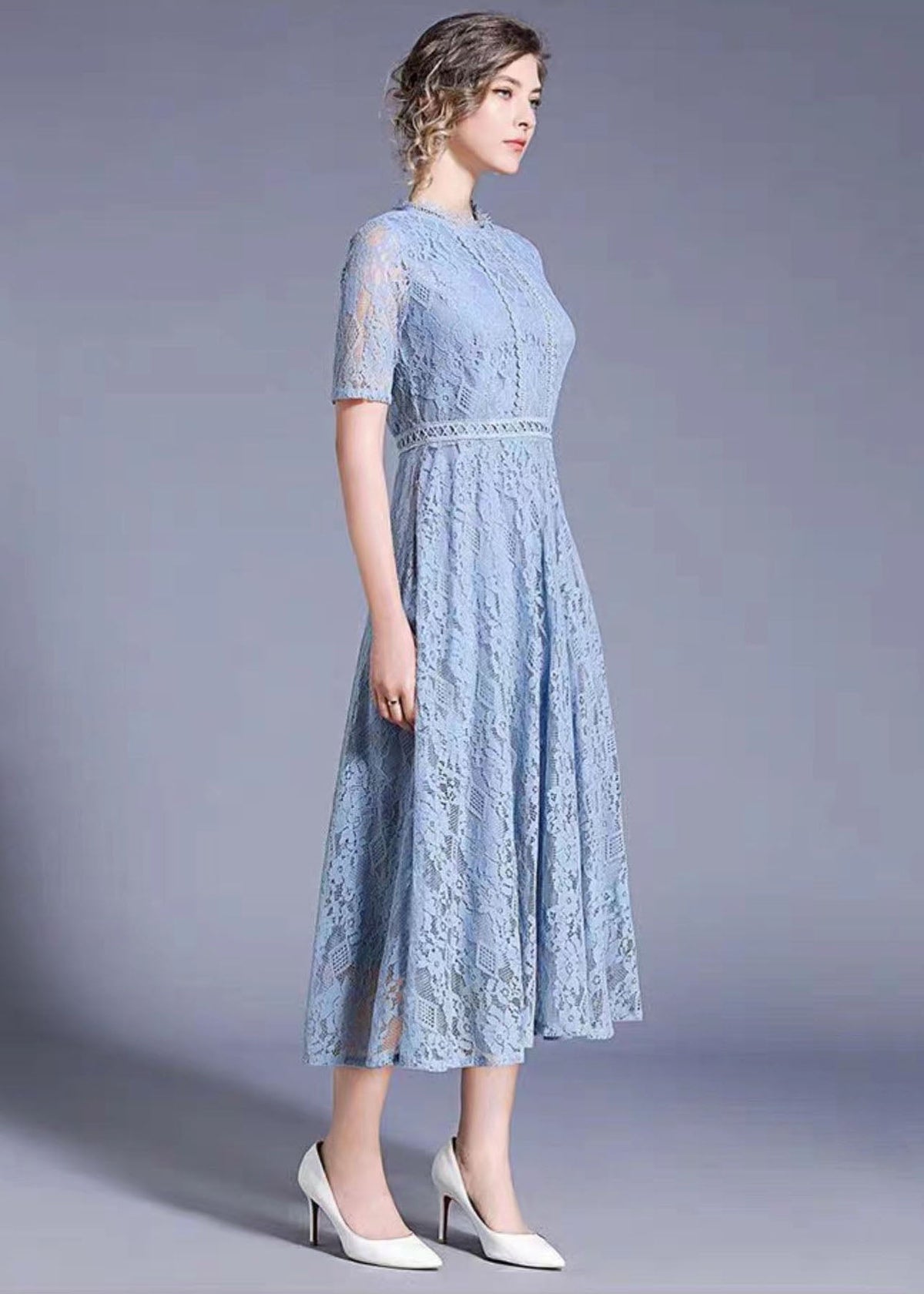Round Neck Piped Bodice Geometric Lace Waistband Elbow Sleeve Midi Dress 5