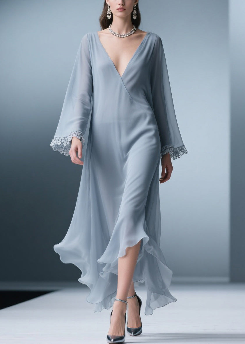Surplice V-Neck Lace Cuff Bell Sleeve Handkerchief Hem Chiffon Midi Dress