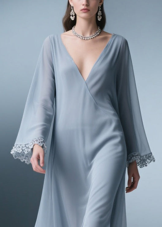 Surplice V-Neck Lace Cuff Bell Sleeve Handkerchief Hem Chiffon Midi Dress 2